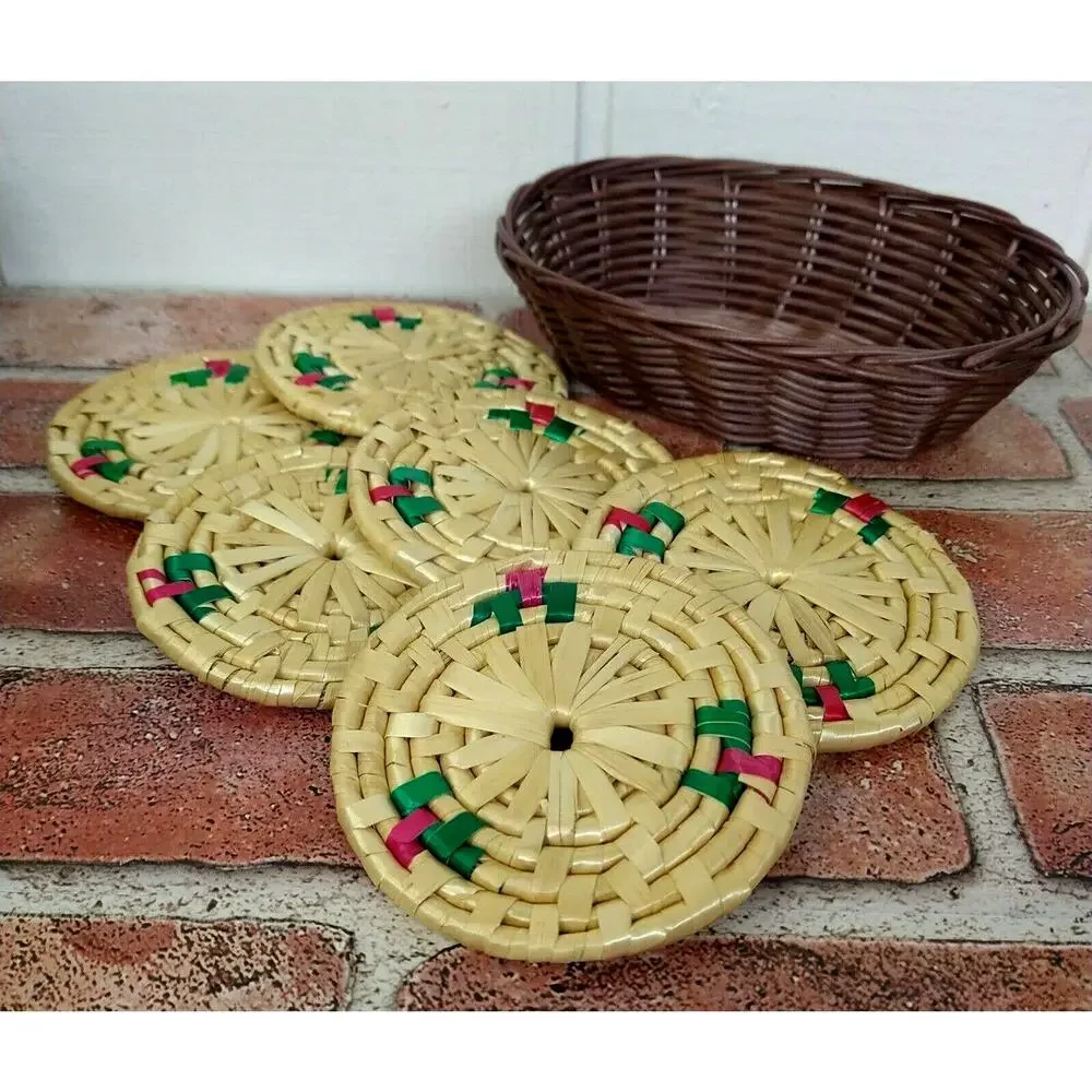 Set of 6 Woven‎ Drink Coasters - Wicker Rattan / Bohemian (+ Basket)